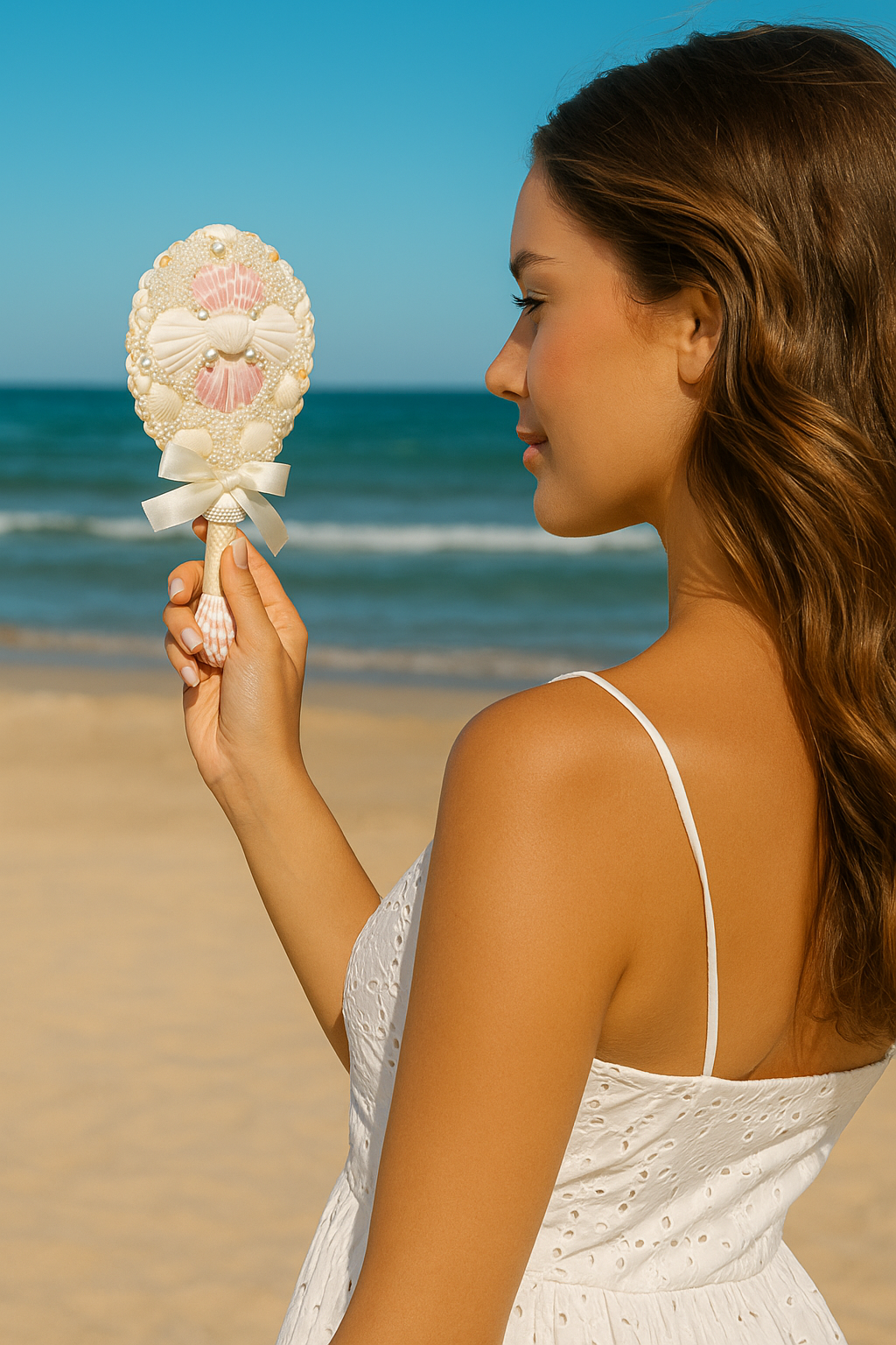 Coastal Bow Mirror with Pearls - 10x6 inches